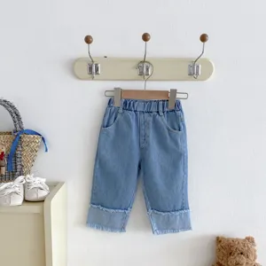 Kids blue washed denim pants casual loose wide leg trousers with raw hem for toddlers