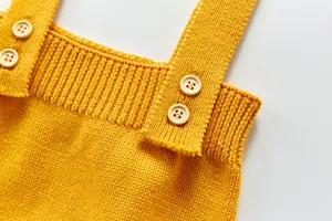 Vue détaillée d'une barboteuse bébé tricotée jaune à bretelles, texture de tissu douce.