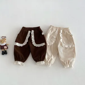 Korean style toddler girls corduroy pants casual cute lace ruffle cuffed long trousers spring