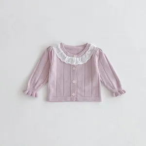 Baby girls knit cardigan with cute lace collar, sweet toddler button-up sweater coat top.