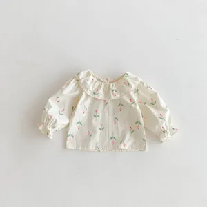 Camicetta a maniche lunghe con stampa floreale per bambina, collo a volant e tulipani.