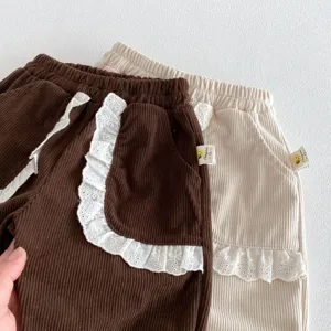 Korean style toddler girls spring corduroy pants casual cute lace-up cuff long trousers