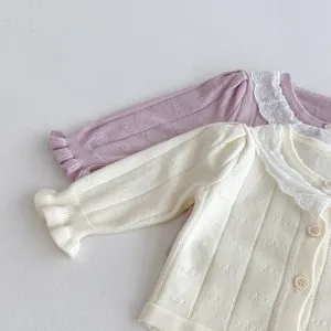 Infant baby girl knit cardigan detail, lace collar cute button sweater top for autumn daily wear.