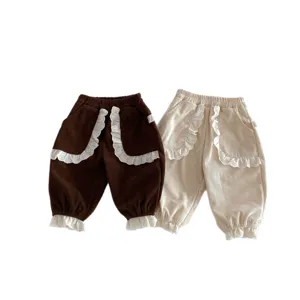 Cute toddler girls corduroy pants with lace ruffle pockets, sweet spring casual trousers.