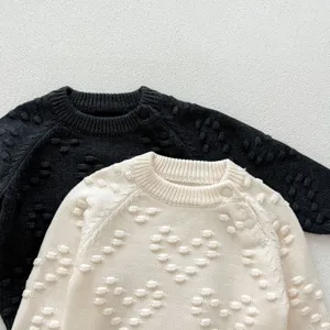 Infant baby knit sweater details, soft cotton toddler pullover with shoulder buttons