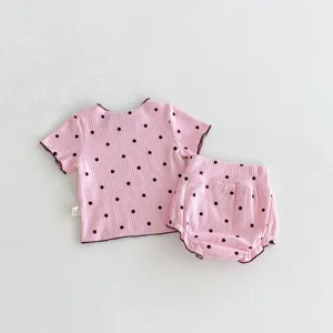 Ensemble vetement bebe rose côtote haut manches courtes et short pois tenue mignonne