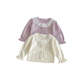 Cute baby toddler knit cardigan sweater sweet lace collar button up long sleeve autumn top