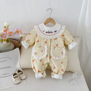 Cute baby girl quilted romper autumn winter warm floral lace collar toddler jumpsuit clothing