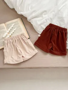 Toddler corduroy casual shorts set, cute solid color infant baby pants with elastic waist.