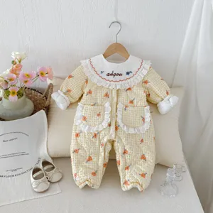 Baby Girls Winter Thickened Padded Romper Cute Floral Grid Long Sleeve Turn Down Collar Cotton Jumpsuit Infant Warm Outfits