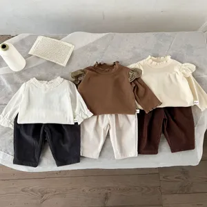 Infant baby corduroy pants and ruffled long sleeve top set, cozy Korean toddler outfits.