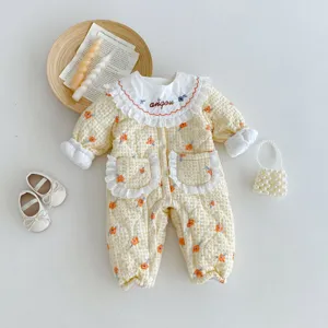 Baby quilted floral onesie with lace collar and pockets, cozy winter thermal baby jumpsuit.