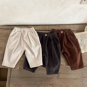 Detailed view of stylish corduroy baby pants in multiple colors for toddler daily wear.
