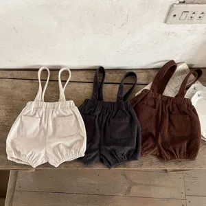 Infant corduroy suspender shorts, minimalist vintage style baby shorts for boys and girls spring.