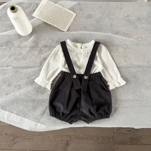 Infant baby corduroy suspender shorts set with white ruffled long sleeve top cute spring outfit detail