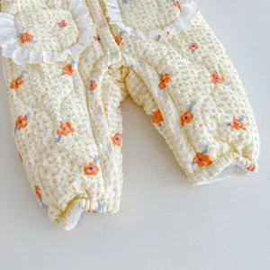 Cute baby quilted romper with floral print, winter warm baby jumpsuit with lace trim.
