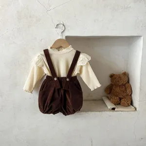 Cute infant baby corduroy suspender shorts set with ruffle long sleeve top, vintage spring kids wear