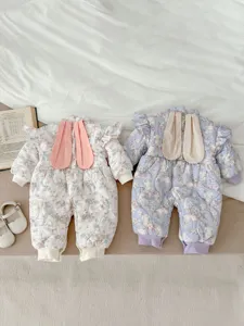 Infant baby girl cute rabbit ears fleece lined thick winter cotton romper detail view