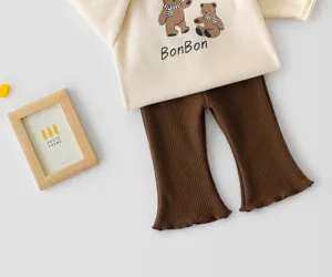 Cute toddler girl cotton outfit set with bear print sweatshirt and brown flared pants spring