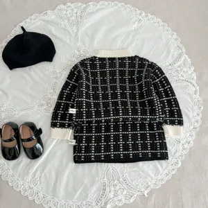 Baby toddler tweed knit cardigan set, black and white chic sweater with matching hat and shoes.