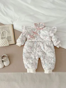 Detailed view of baby quilted jumpsuit with cute floral bunny print and traditional Chinese collar.