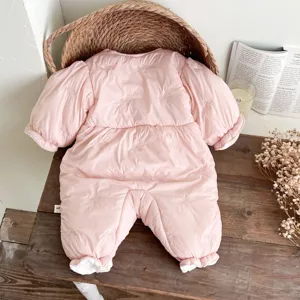 Infant winter padded baby girl jumpsuit, thick warm quilted rompers with cute bows, new born outerwear.