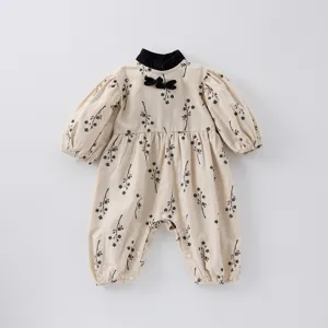 Infant baby girl cute cotton romper jumpsuit with chinese style collar and floral print.