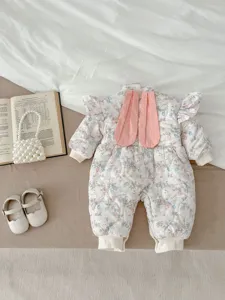Cute baby winter padded romper with bunny ears and floral print for infant girls cozy warm.