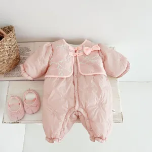 Baby winter padded onesie with Chinese style Tang suit design, cute pink baby girl jumpsuit.