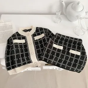 Baby Girls Black White Tweed Knit Cardigan Skirt Set Toddler Fall Chic Two-Piece Clothing