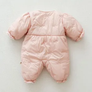 Cute pink quilted baby romper featuring sweet bow embroidery, cozy winter newborn jumpsuit.