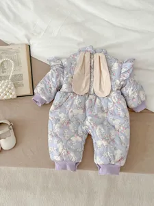 Infant baby girl cute rabbit ears padded jumpsuit winter floral fleece warm crawler romper detail