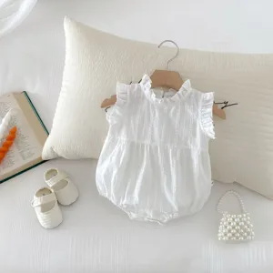 Baby girl white sleeveless romper with ruffles and stand collar, sweet summer cotton bodysuit.