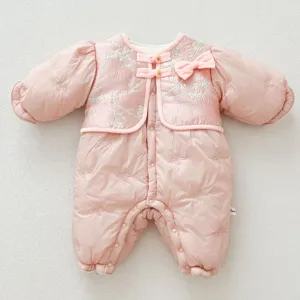 Pink winter baby padded jumpsuit with Chinese style embroidery, cute bow and warm cotton design.