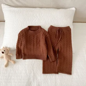 Baby Strickpullover Set mit Zopfmuster einfarbig lange Hose Kleinkind Zweiteiler