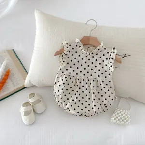 Infant baby girl summer sleeveless polka dot romper with ruffled collar cute cotton bodysuit.