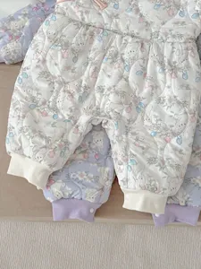 Infant baby winter quilted romper cute bunny floral print fleece warm long crawling suit