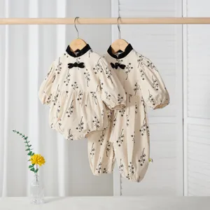 Infant baby girl spring Chinese style long sleeve floral romper bodysuit set cute baby