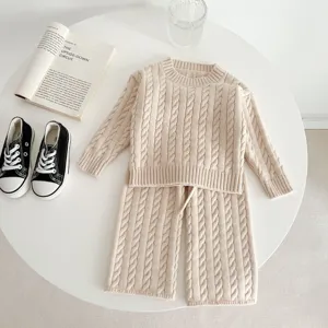Baby Zopfmuster Pullover Set, einfarbiges langärmliges Oberteil und Hosen, kuscheliges Outfit.