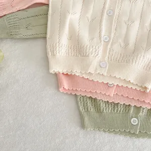 Cardigan ajouré de couleur unie doux respirant mignon pour bébé fille chemise de protection