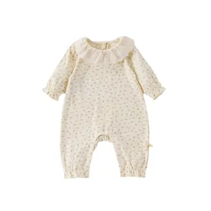 Infant baby girl floral long sleeve romper with cute lace collar, soft ribbed cotton fabric.