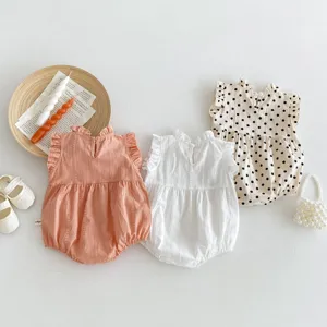 Baby girl summer sleeveless romper sweet polka dot ruffle collar cute infant cotton bodysuit.