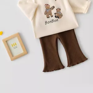 Cute toddler girls spring outfit set, long sleeve cartoon bear top and brown flared pants.