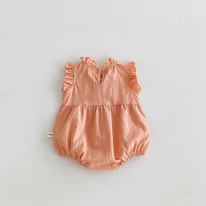 Cute summer sleeveless baby romper with ruffle collar, cotton infant bodysuit for girls.