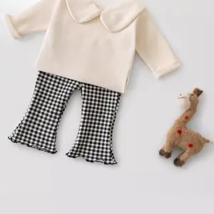 Korean style kids girls plaid flare pants set with cute doll collar top, comfortable cotton.