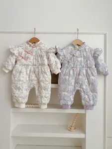 Baby floral bunny quilted romper detail, cute ruffles and Chinese collar design for winter.