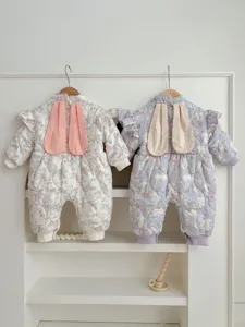 Detailed display of cute baby floral quilted winter jumpsuit with adorable bunny ears.
