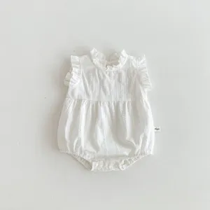 Sleeveless cotton baby romper detail, cute ruffles and stand collar design for infant girls.