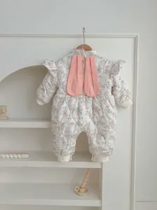 Infant baby girl cute rabbit ears floral romper detail view, soft quilted fleece warm winter crawling suit.