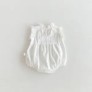 Chic white baby sleeveless romper with sweet ruffles, breathable cotton infant bodysuit.